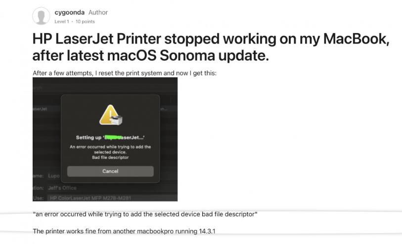 先別更新macOS Sonoma 14.4！問題連爆印表機(jī)功能恐失效(圖1)